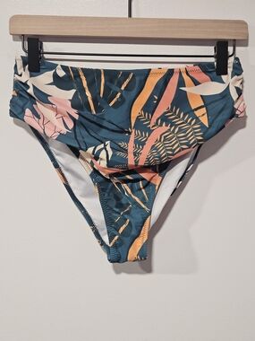 POPVIL Teal Tropical Print High Waist Cheeky Bikini Bottoms  Women's Size Medium